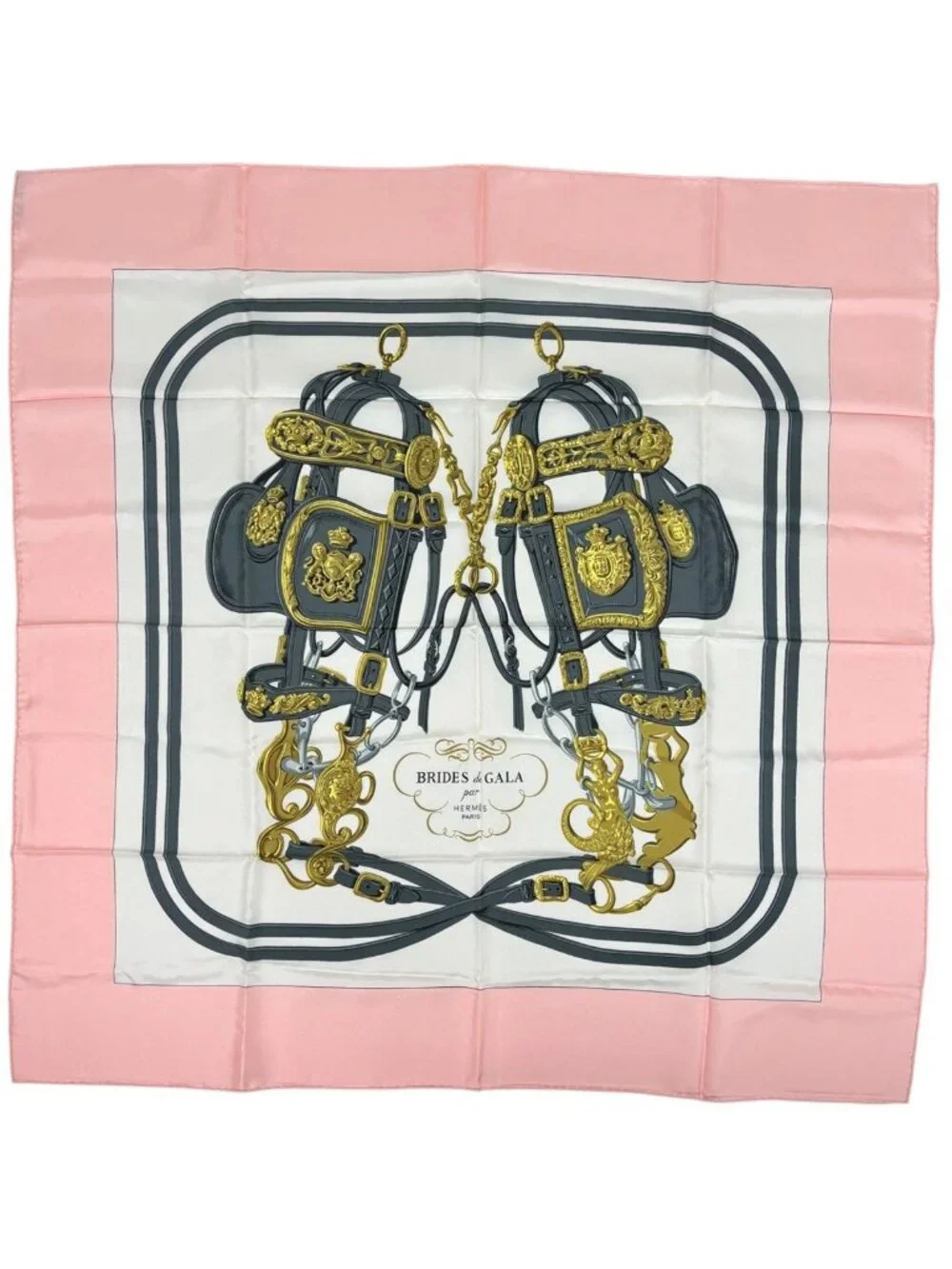 Hermes Carre 90 Brides de Gala Ceremonial Bridle Horse Gear Scarf Silk Pink